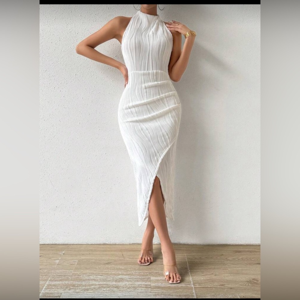 Rouched White Halter Dress